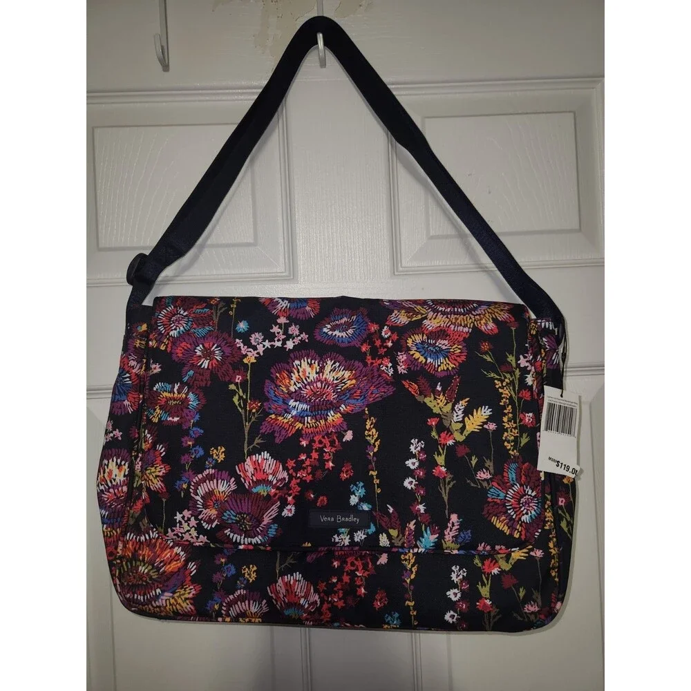 NEW Vera Bradley Lighten Up Essential Messenger Bag Midnight Wildflowers NWT